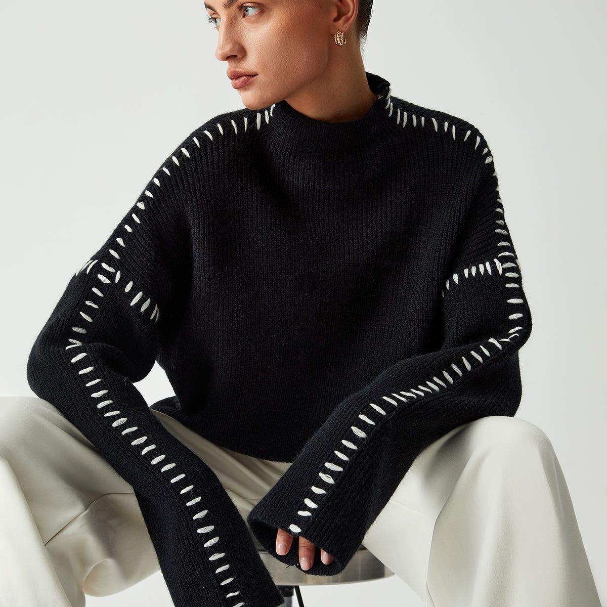 Vilma Stockholm™ | Oversized Stickad Tröja med Kontrastdetaljer